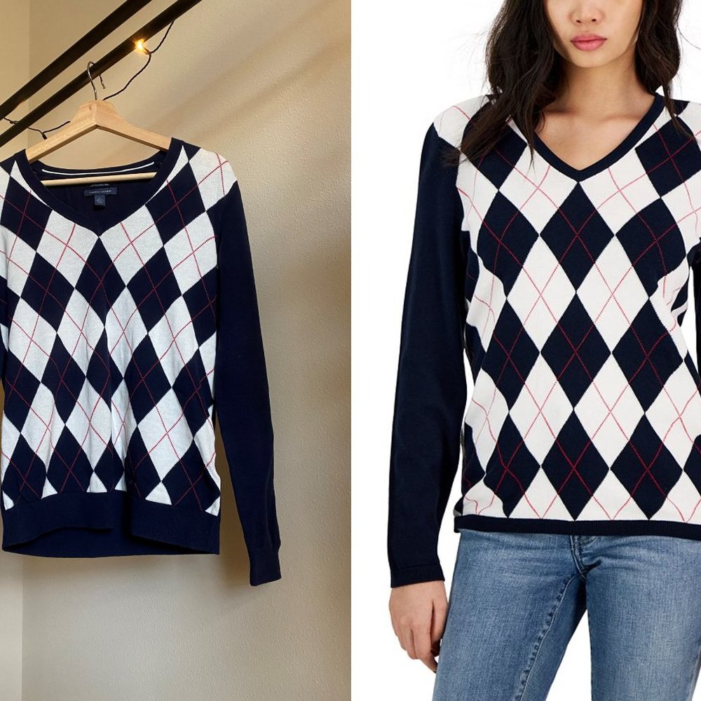 (US 6/M) Tommy Hilfiger Women's Ivy Argyle V-Neck Sweater, Lightly Worn